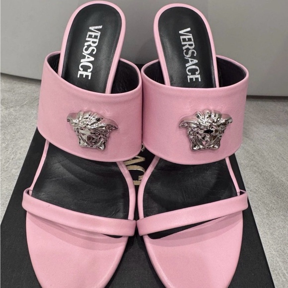 Versace Pink Leather Medusa Slide Mules - Picture 3 of 5
